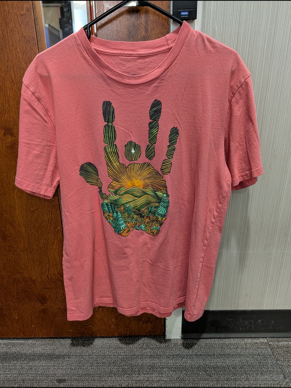 J. Garcia Coral Pink Short Sleeve Tee with Multicolor Handprint Graphic
